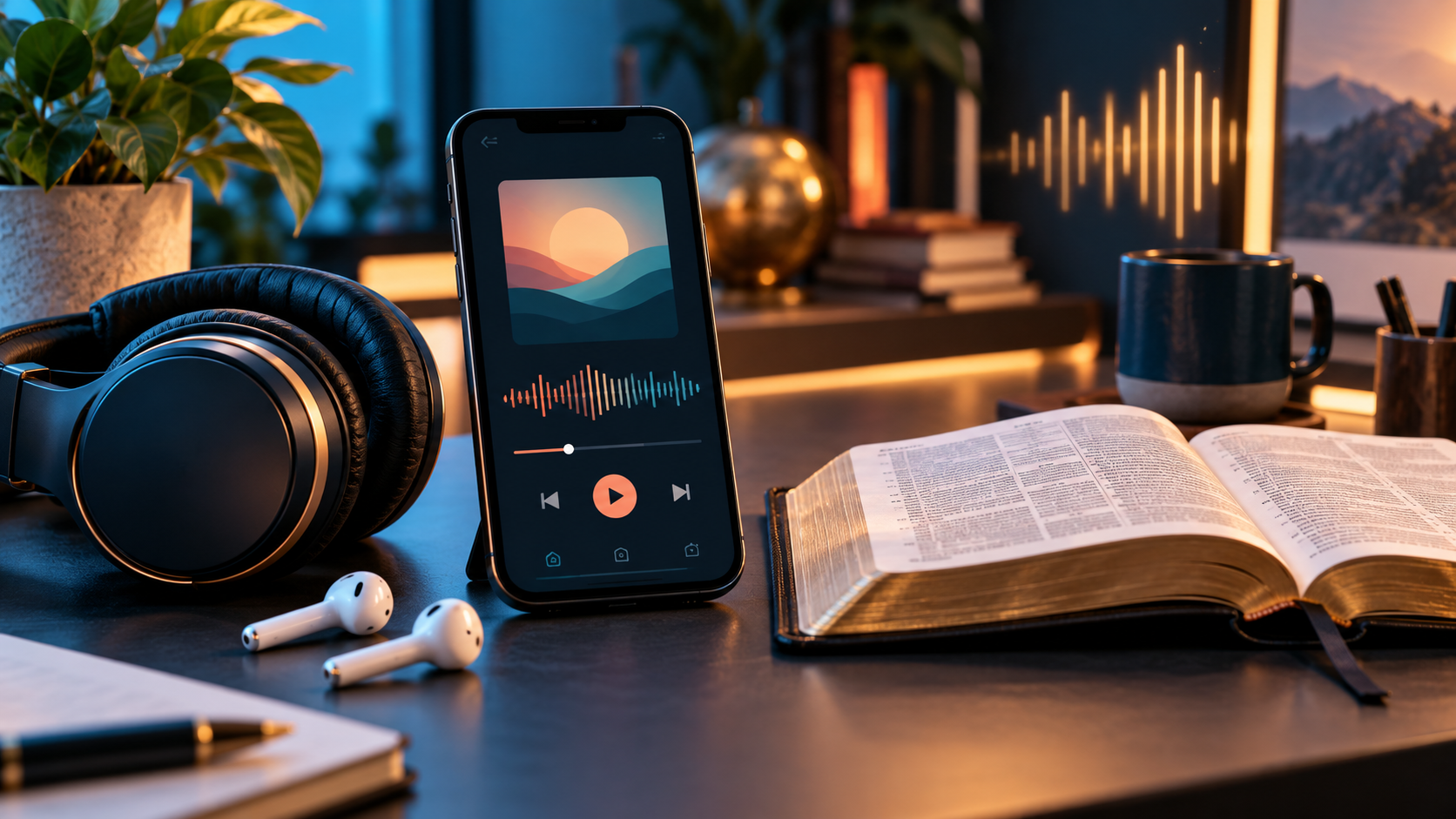 Phone, headphones, and Bible for podcast listening